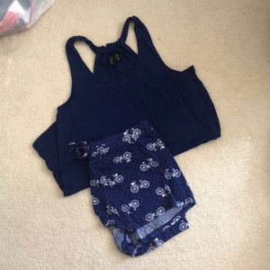 Deep blue bicycle pajama shorts and tank top set